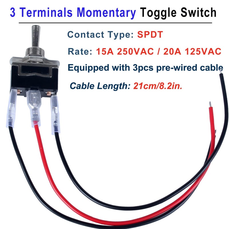 DMWD Momentary Heavy Duty Toggle Switch 30A 12VDC 20A 120V Marine SPDT 3 Pins 3 Positions (ON)-Off-(ON) Self-Reset Switch with Waterproof Boot Cap and pre-Wired Cables for Auto Car Truck Boat 2Pcs - Image 3